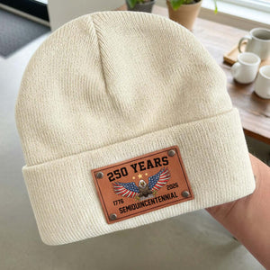250 Years Semiquincentennial Knit Leather Patch Beanie | America 250 Years Anniversary | Print Leather Patch Hat 683631