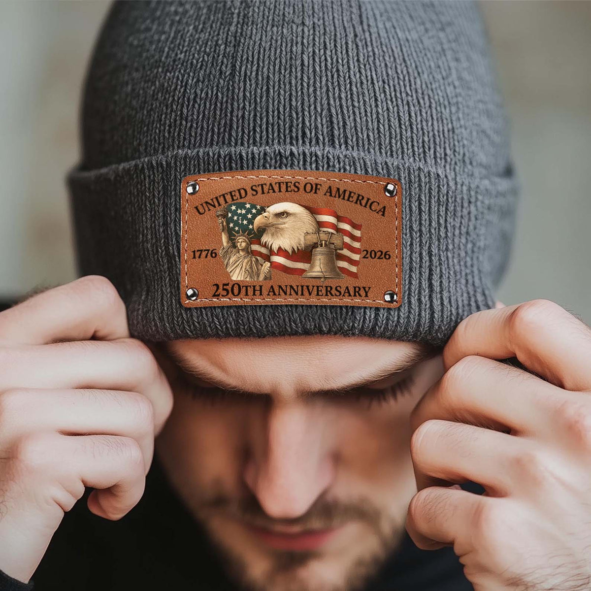 250 Years Anniversary Knit Leather Patch Beanie | Print Leather Patch Hat | 250 Years Of America Anniversary Gift 683632