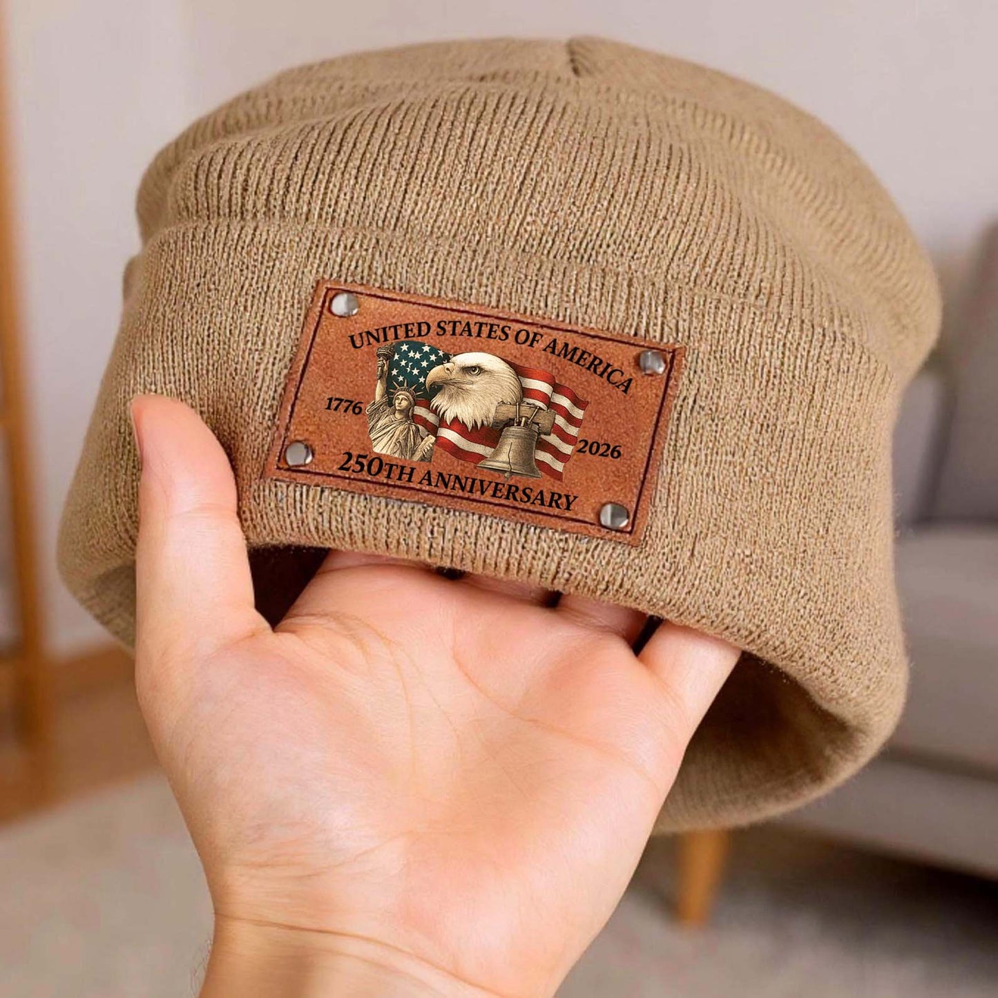 250 Years Anniversary Knit Leather Patch Beanie | Print Leather Patch Hat | 250 Years Of America Anniversary Gift 683632