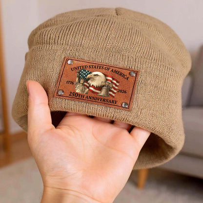 250 Years Anniversary Knit Leather Patch Beanie | Print Leather Patch Hat | 250 Years Of America Anniversary Gift 683632