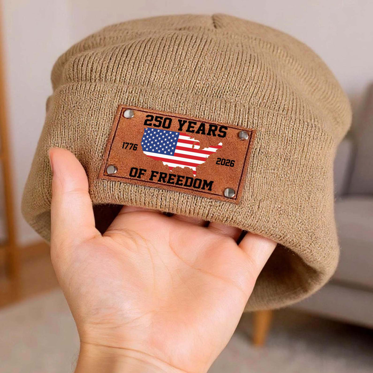 250 Years of Freedom America Beanie | Patriotic Knit Hat with Leather Patch | USA 250th Anniversary Christmas Gift 683641