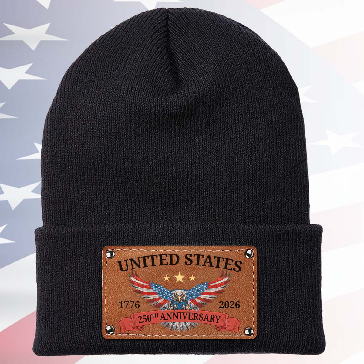 250 Year America Beanie | Semiquincentennial Knit Hat with Leather Patch | 250th Anniversary USA Patriotic Christmas Gift 683653