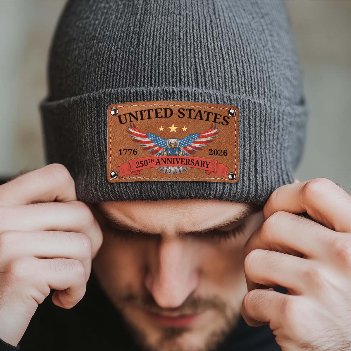 250 Year America Beanie | Semiquincentennial Knit Hat with Leather Patch | 250th Anniversary USA Patriotic Christmas Gift 683653