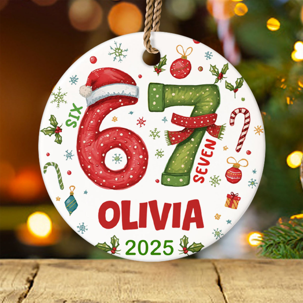 Custom Name and Year 67 Ceramic Ornament | Funny 6 7 Christmas Decoration | Teen Slang Holiday Keepsake Gift 683664