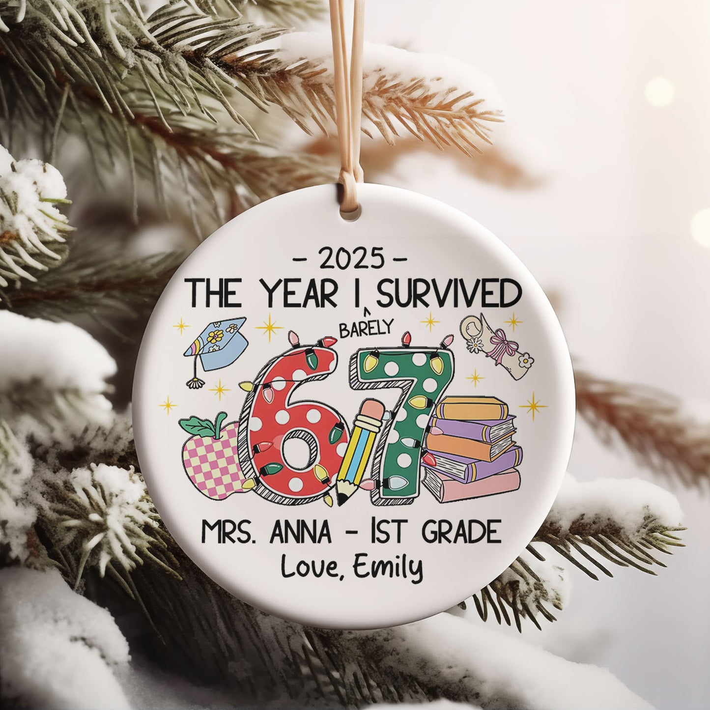 Custom Funny Teacher Six Seven Meme Ceramic Ornament | 6 7 Christmas Gift for Teacher | Christmas Gift 683669