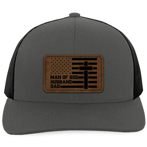 Man of God Husband Dad Trucker Leather Patch Hat, Christian American Flag Cap, Faith Gift for Him 683771