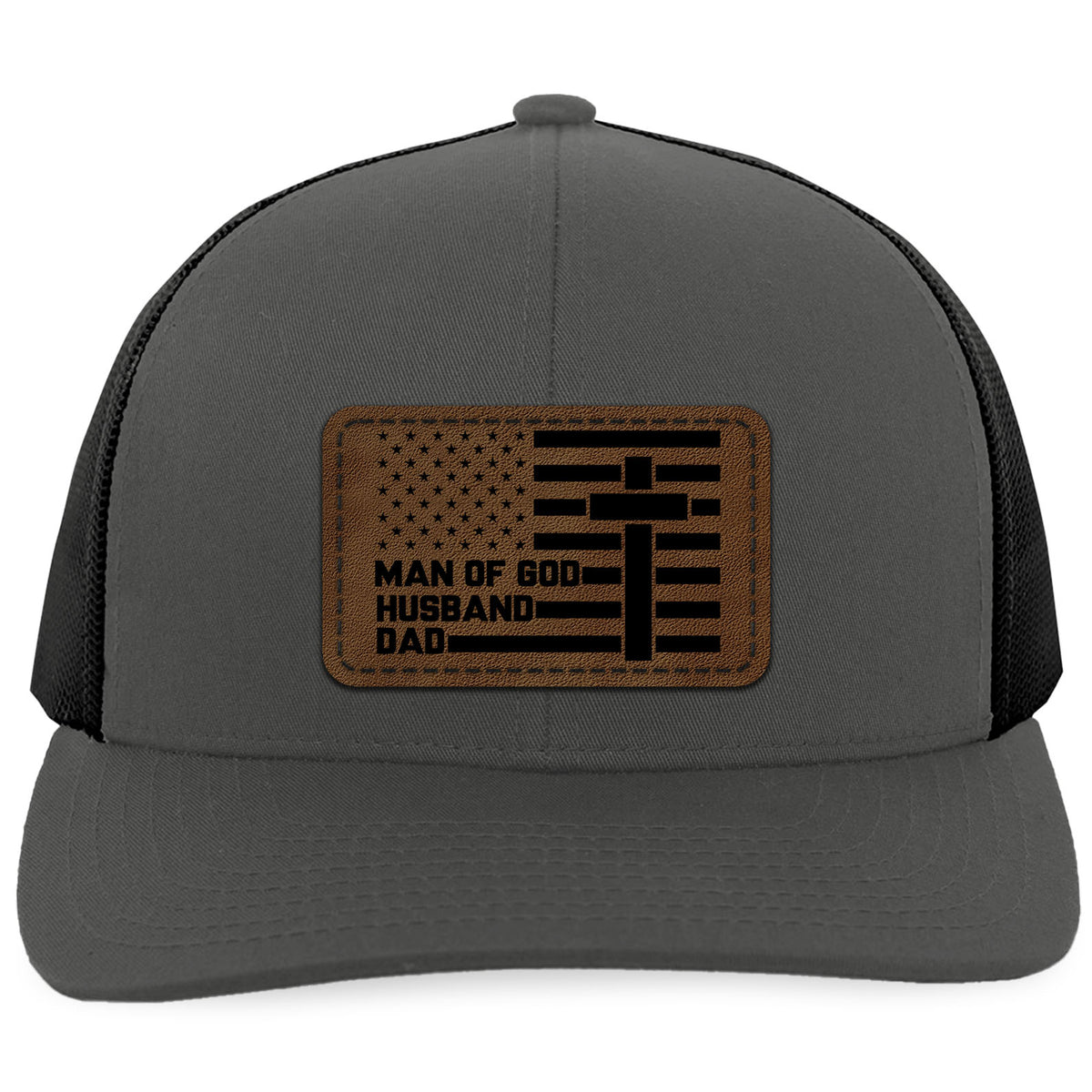 Man of God Husband Dad Trucker Leather Patch Hat, Christian American Flag Cap, Faith Gift for Him 683771