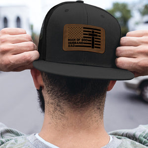 Man of God Husband Dad Trucker Leather Patch Hat, Christian American Flag Cap, Faith Gift for Him 683771