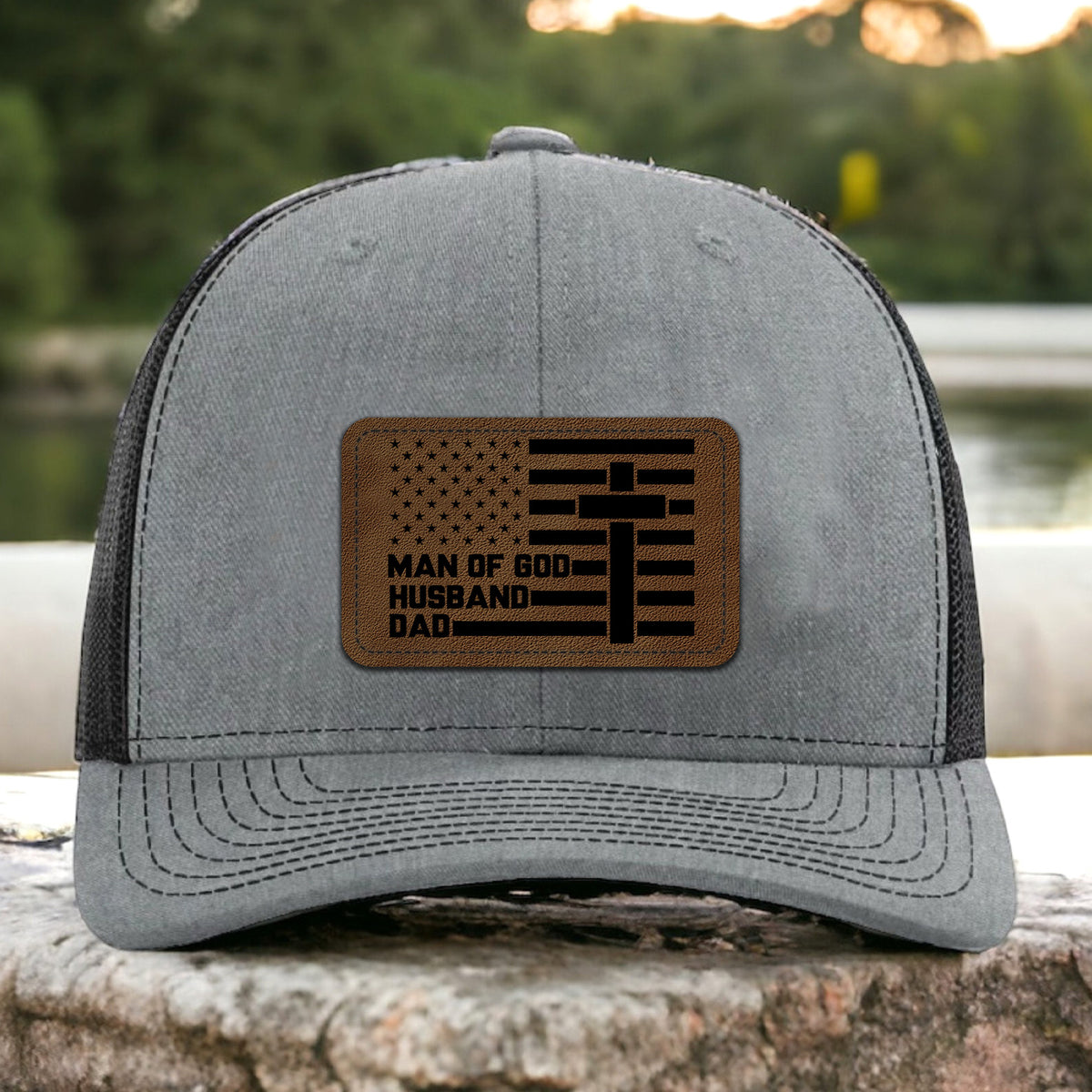Man of God Husband Dad Trucker Leather Patch Hat, Christian American Flag Cap, Faith Gift for Him 683771