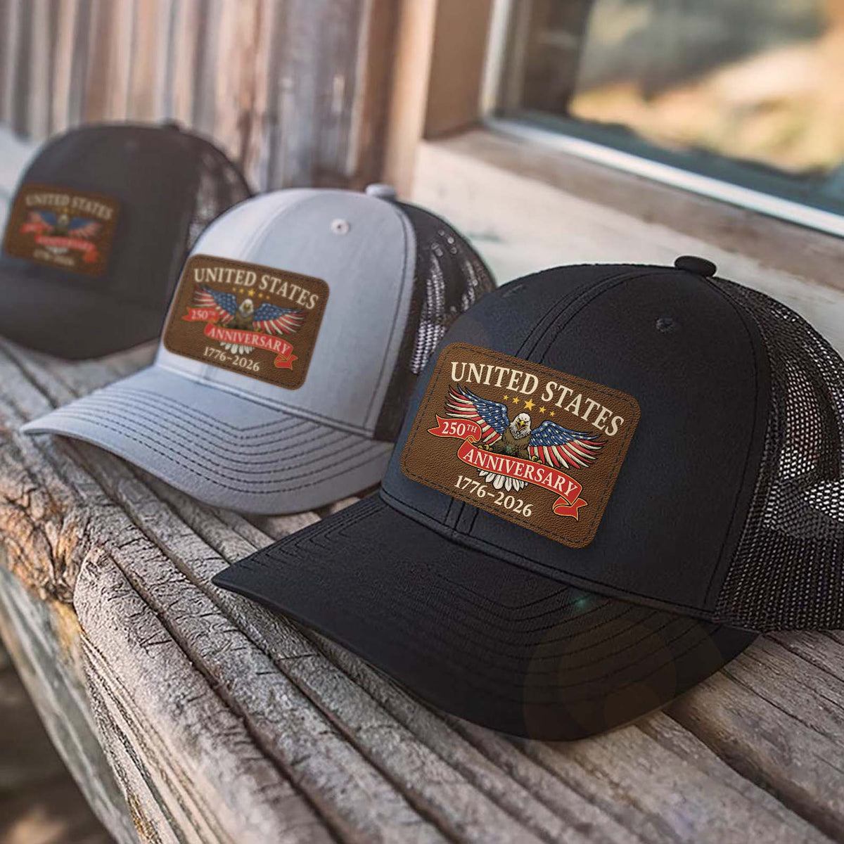 US 250 Years Anniversary Trucker Leather Patch Hat, Patriotic 1776–2026 Cap 683772
