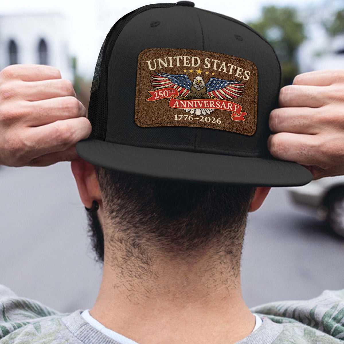 US 250 Years Anniversary Trucker Leather Patch Hat, Patriotic 1776–2026 Cap 683772