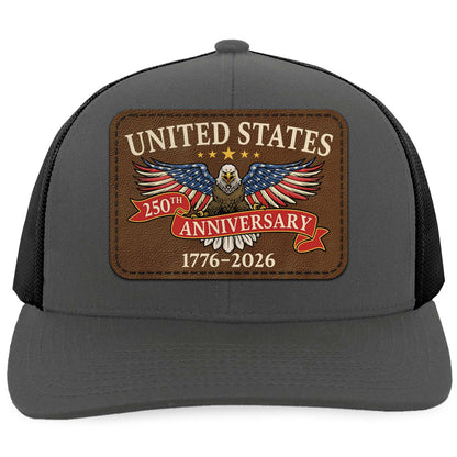 US 250 Years Anniversary Trucker Leather Patch Hat, Patriotic 1776–2026 Cap 683772