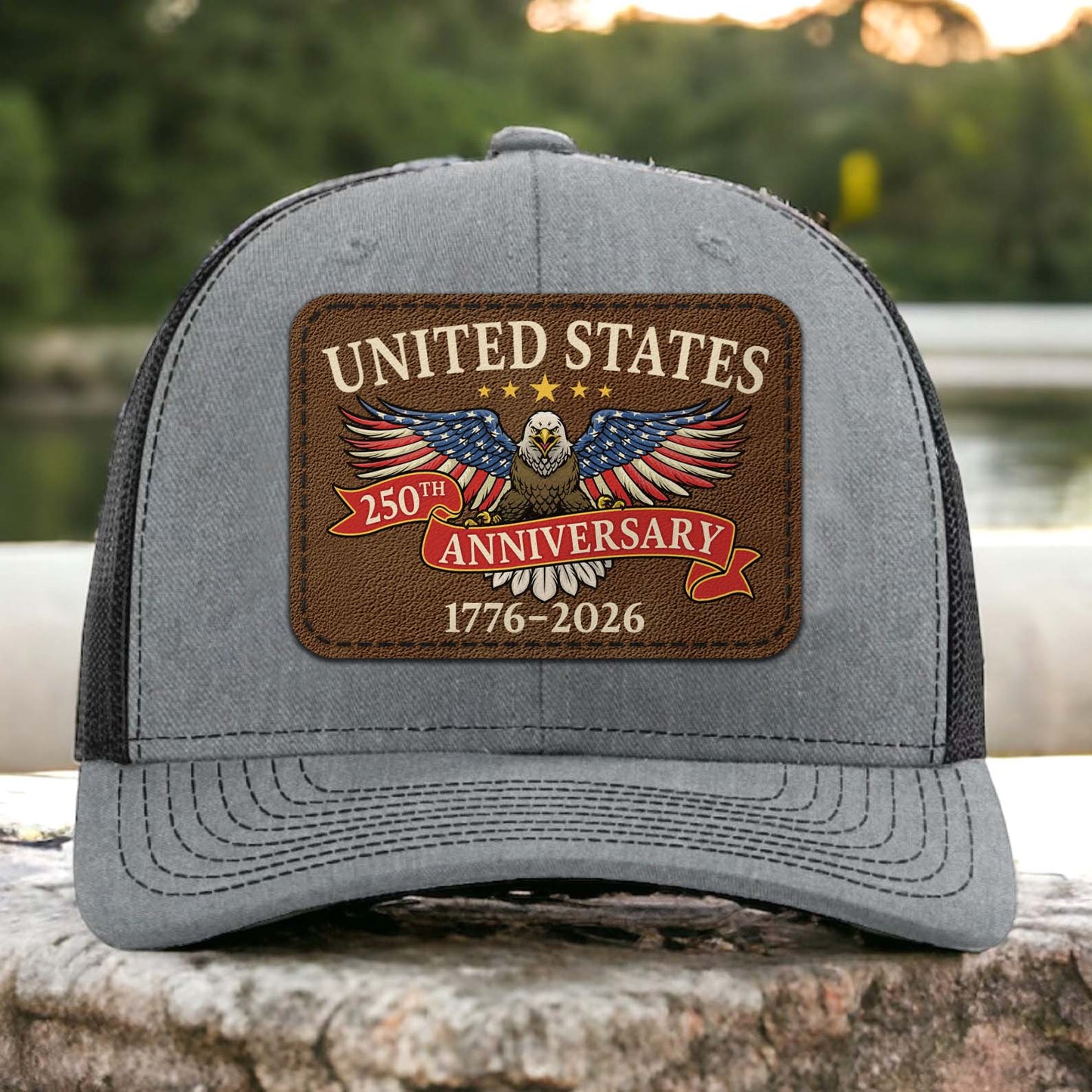 US 250 Years Anniversary Trucker Leather Patch Hat, Patriotic 1776–2026 Cap 683772