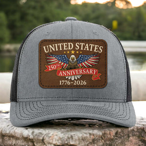 US 250 Years Anniversary Trucker Leather Patch Hat, Patriotic 1776–2026 Cap 683772