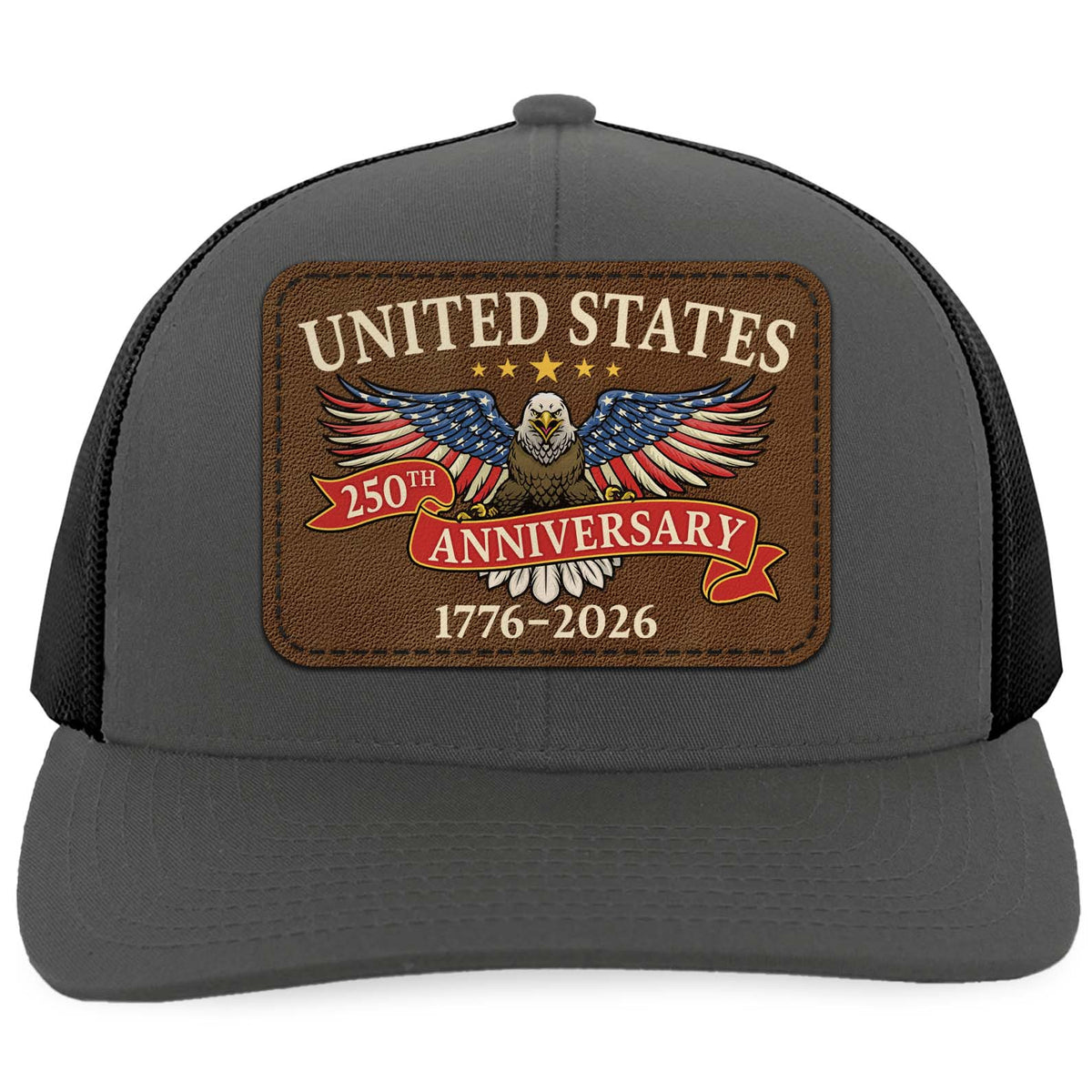 US 250 Years Anniversary Trucker Leather Patch Hat, Patriotic 1776–2026 Cap 683772