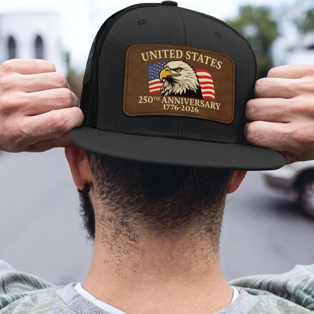 250 Years of America Anniversary Trucker Leather Patch Hat, Patriotic 1776–2026 Cap 683773