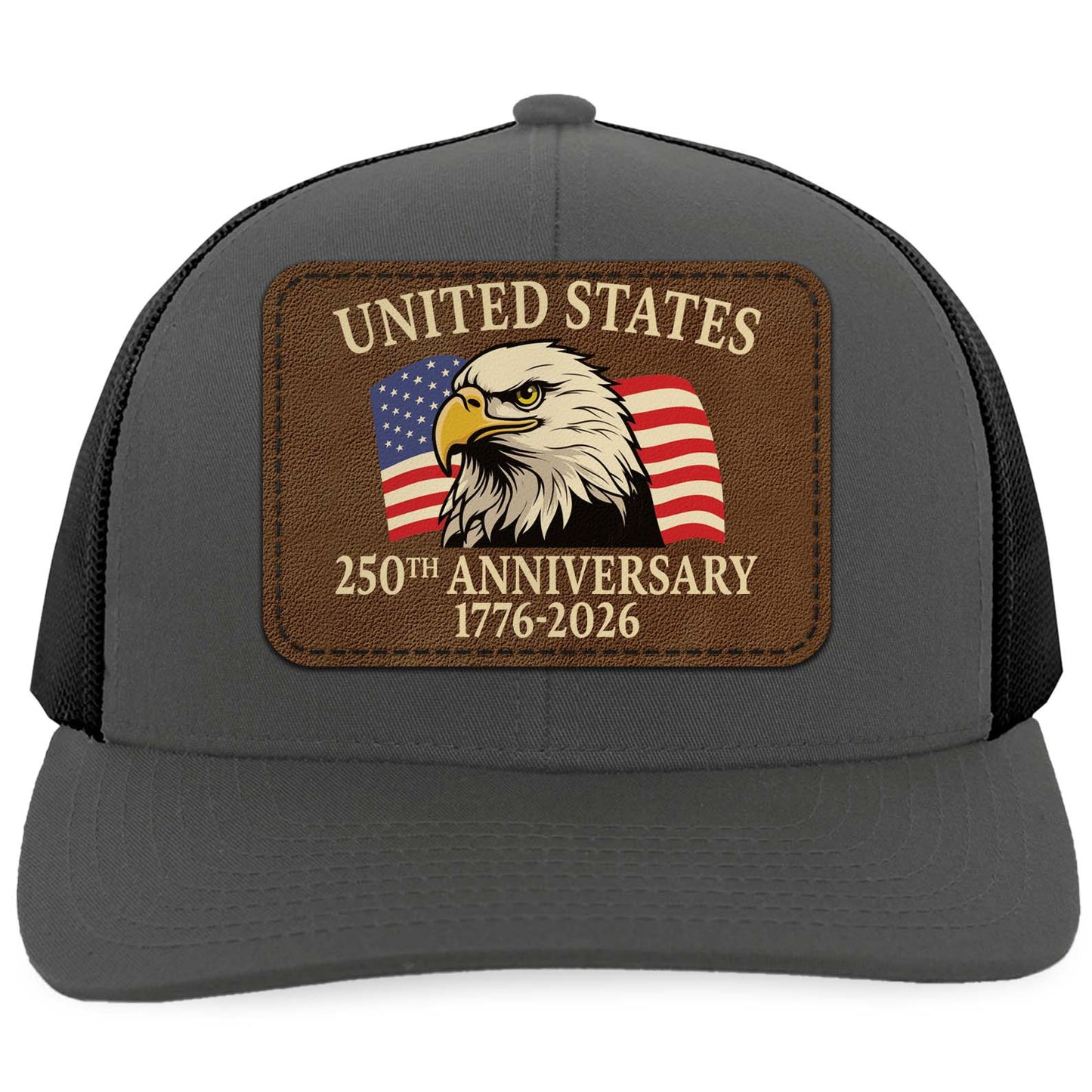 250 Years of America Anniversary Trucker Leather Patch Hat, Patriotic 1776–2026 Cap 683773
