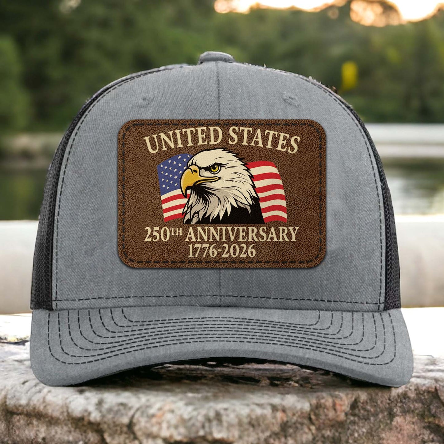 250 Years of America Anniversary Trucker Leather Patch Hat, Patriotic 1776–2026 Cap 683773
