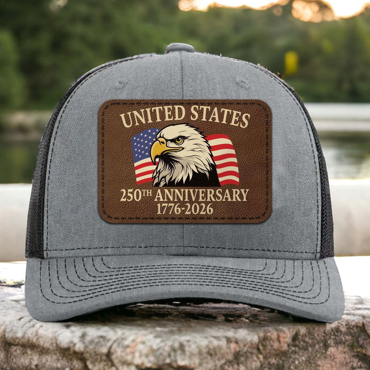 250 Years of America Anniversary Trucker Leather Patch Hat, Patriotic 1776–2026 Cap 683773
