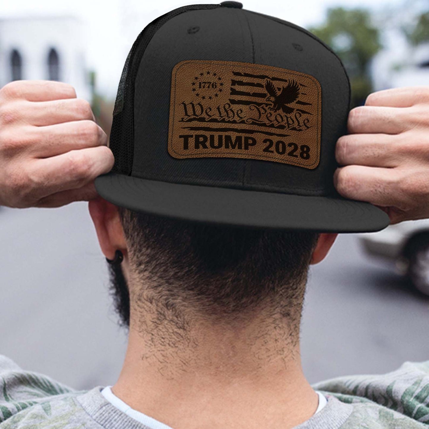 We The People Trump 2028 Trucker Leather Patch Hat, Patriotic Leather Patch Hat, MAGA Cap 683780 – GOP