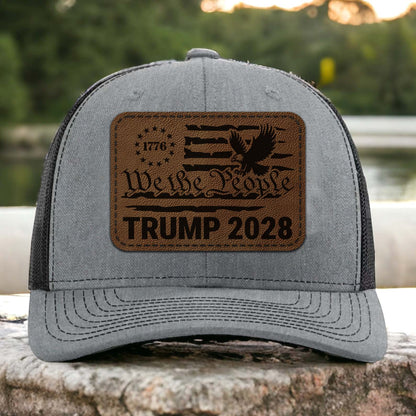 We The People Trump 2028 Trucker Leather Patch Hat, Patriotic Leather Patch Hat, MAGA Cap 683780 – GOP