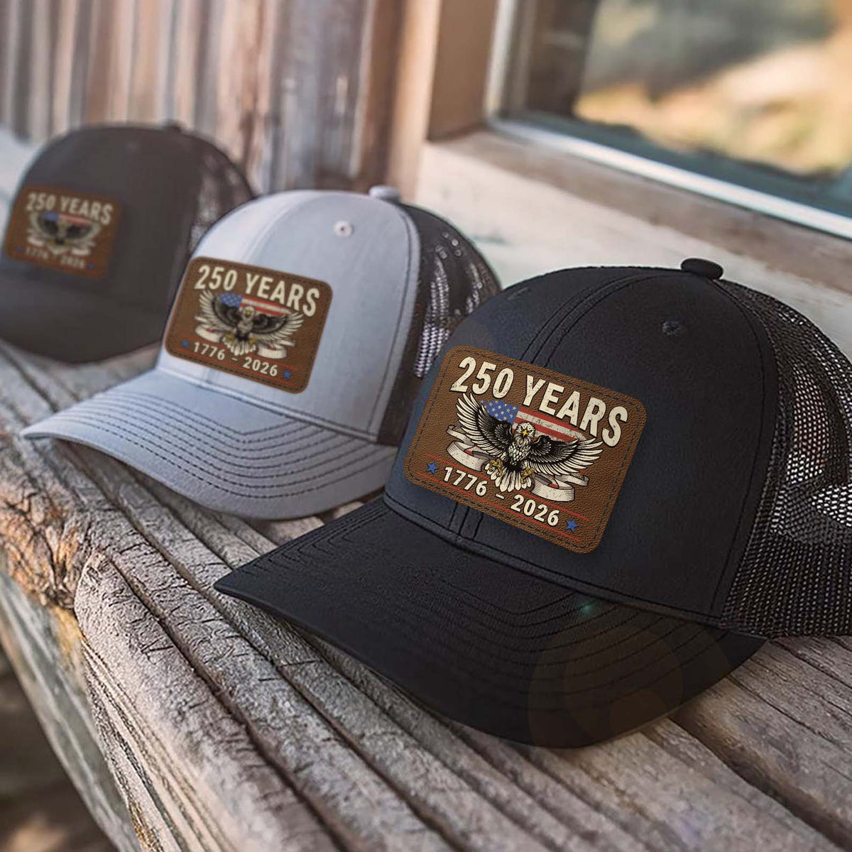 250 Years Anniversary Trucker Leather Patch Hat, Happy 250th Birthday United States, Patriotic 4th of July 1776–2026 683797