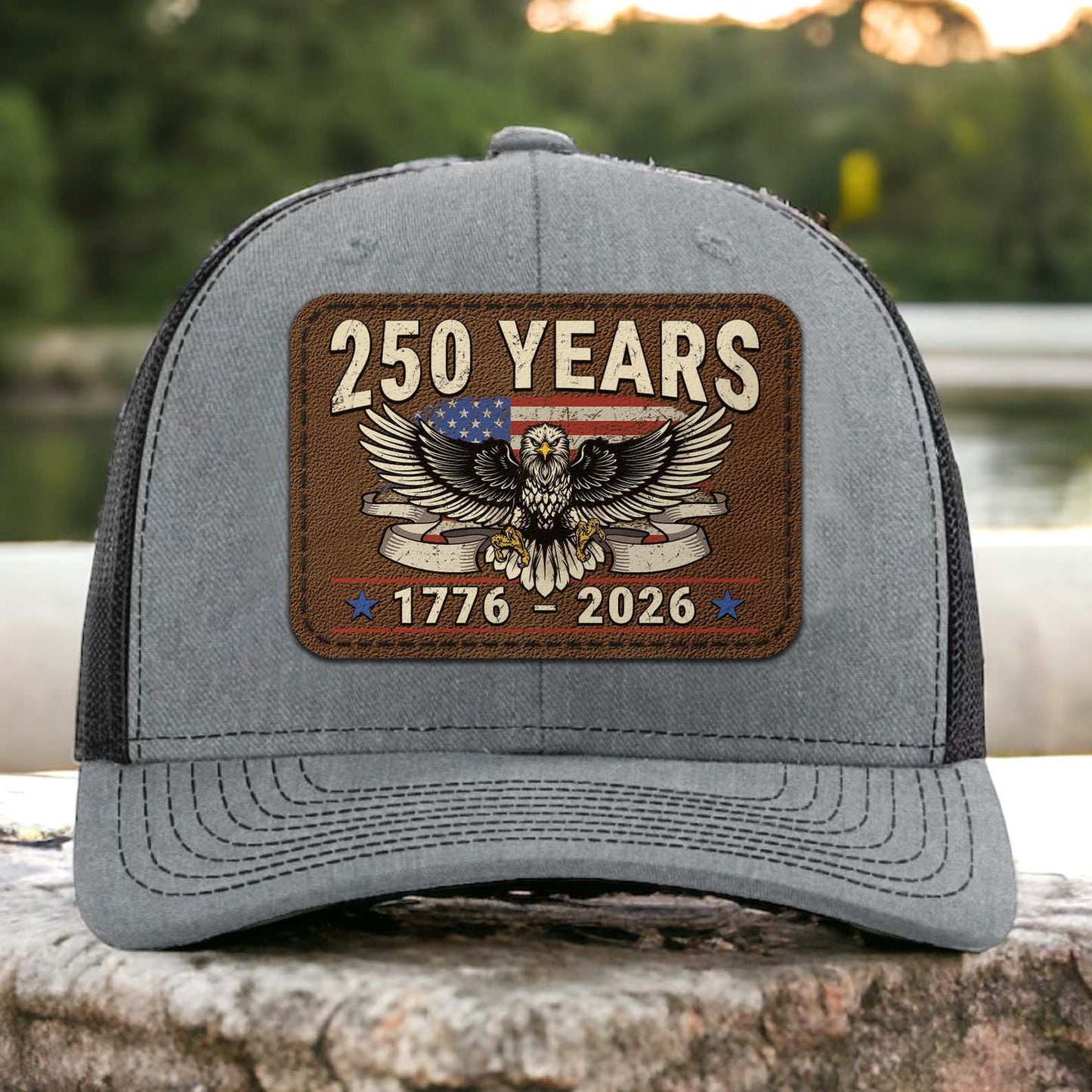 250 Years Anniversary Trucker Leather Patch Hat, Happy 250th Birthday United States, Patriotic 4th of July 1776–2026 683797