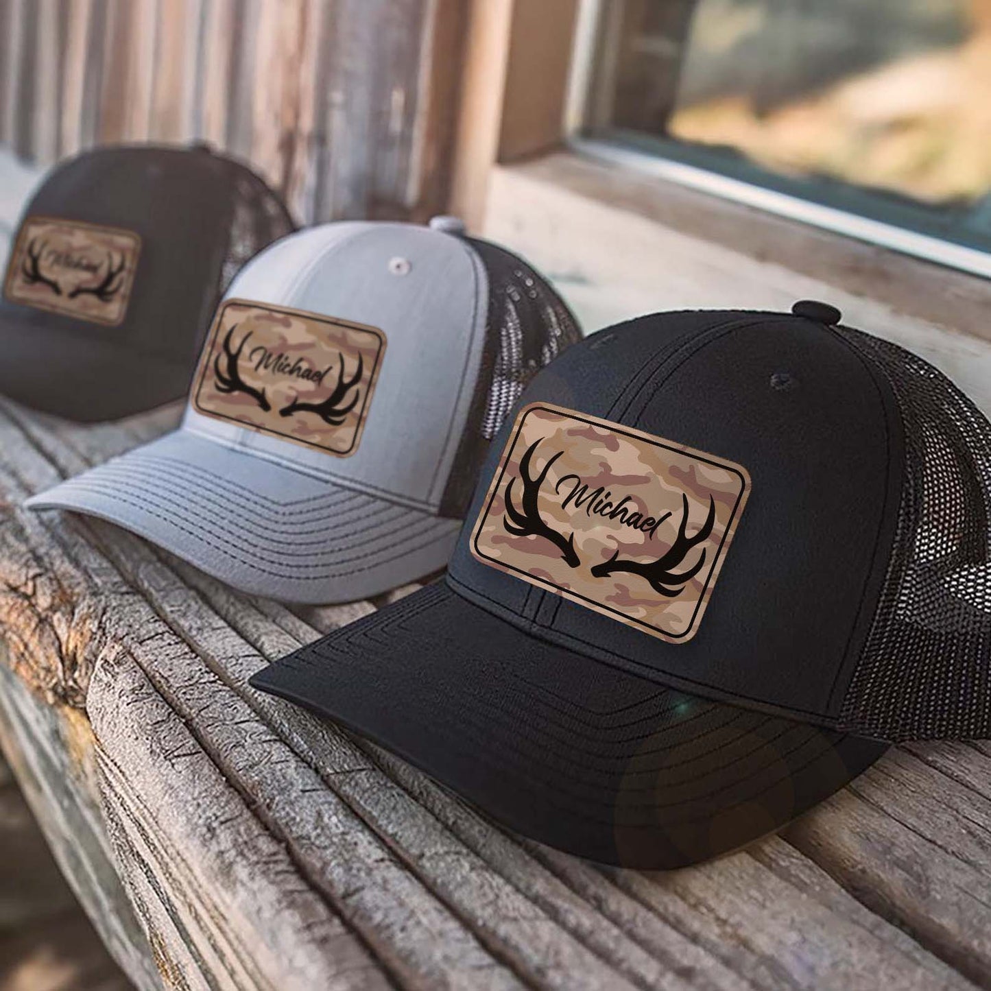 Custom Name Hunting Antlers Trucker Leather Patch Hat, Deer Hunting Cap, Gift For Him 683800