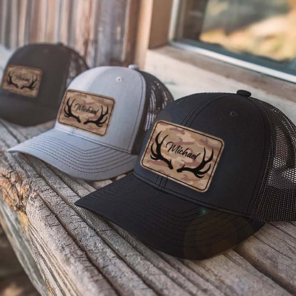 Custom Name Hunting Antlers Trucker Leather Patch Hat, Deer Hunting Cap, Gift For Him 683800