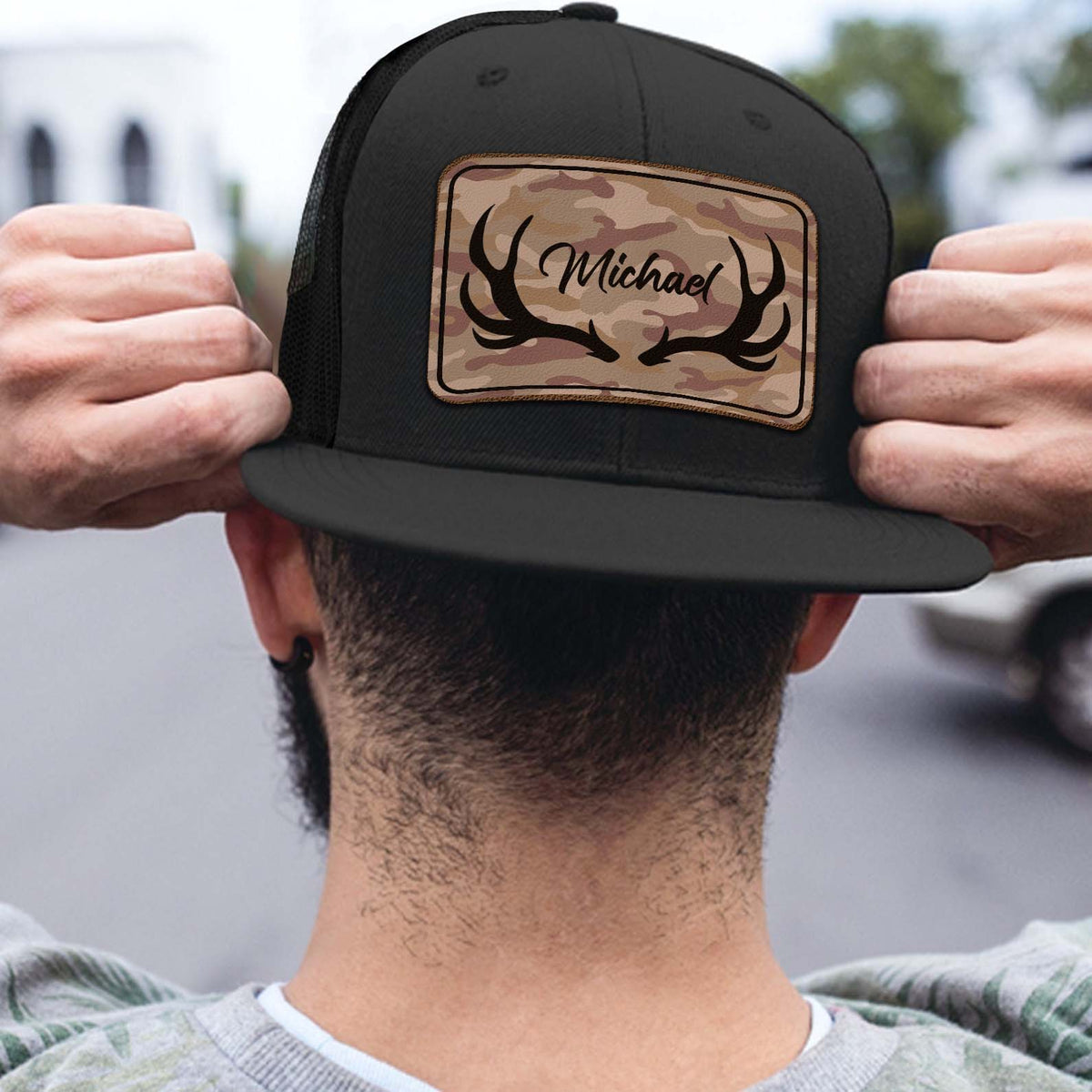 Custom Name Hunting Antlers Trucker Leather Patch Hat, Deer Hunting Cap, Gift For Him 683800