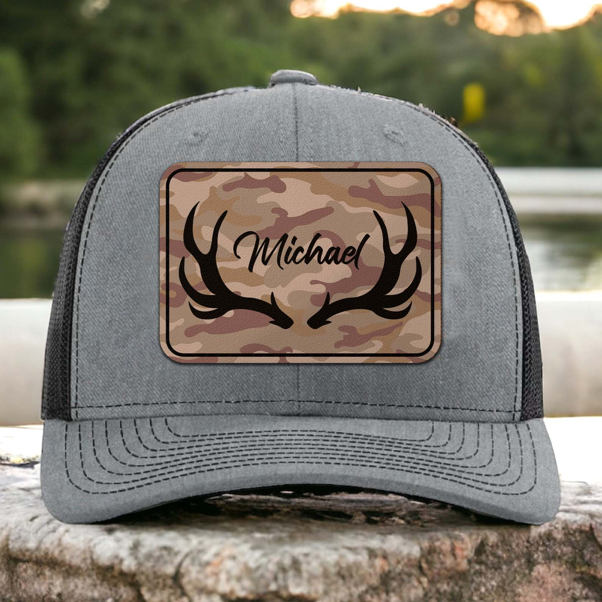 Custom Name Hunting Antlers Trucker Leather Patch Hat, Deer Hunting Cap, Gift For Him 683800