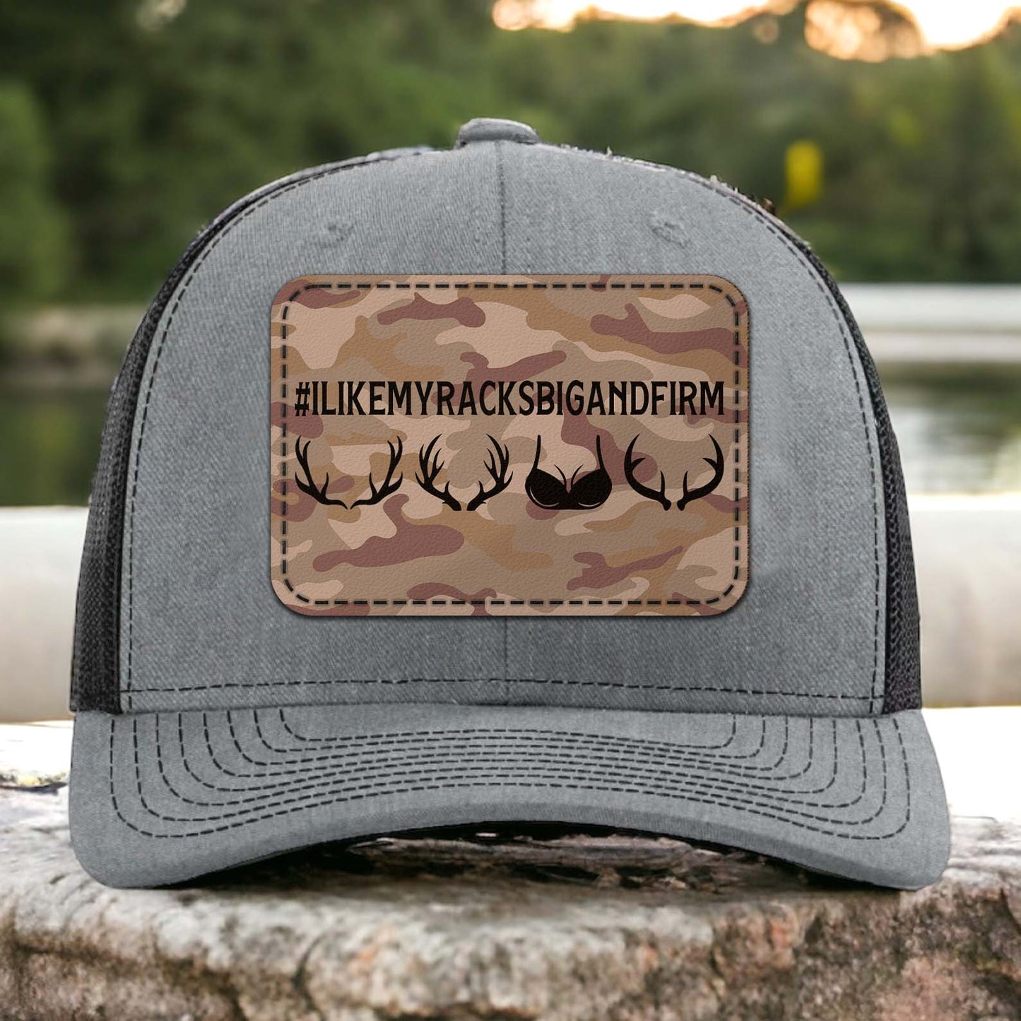 I Like My Racks Big and Firm Leather Patch Trucker Hat, Hunting Hat for Men, Valentine’s Day Gift 683831