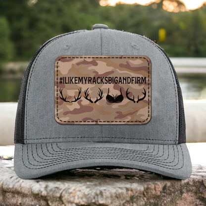 I Like My Racks Big and Firm Leather Patch Trucker Hat, Hunting Hat for Men, Valentine’s Day Gift 683831