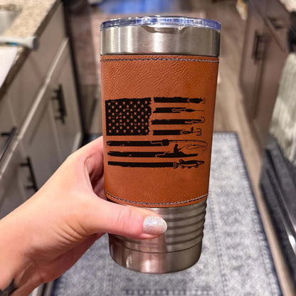 American Flag Fishing Leather Tumbler, Funny Fisherman Gift Leather Tumbler, Father’s Day Gift, Gift for Him, Dad, Husband 683833