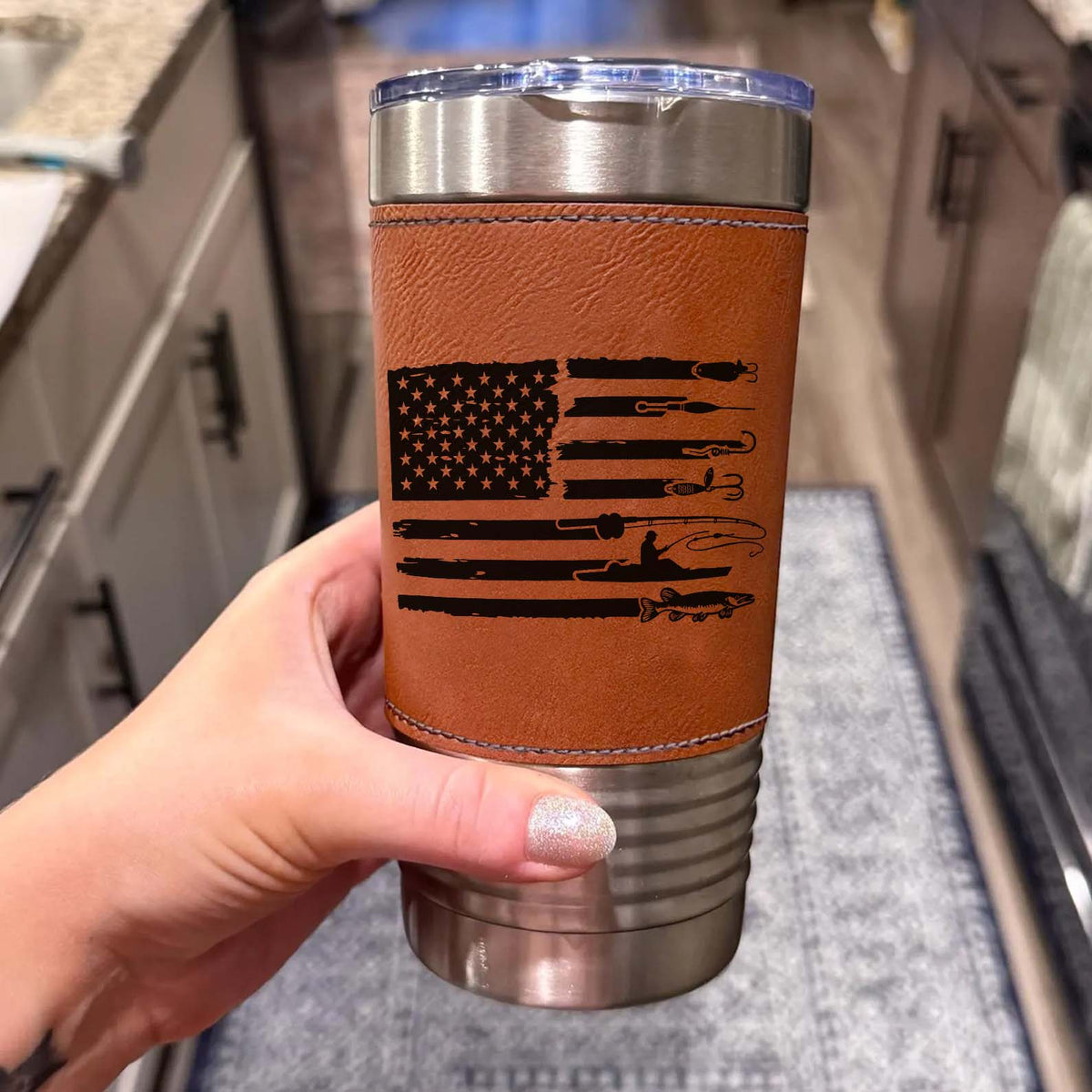 American Flag Fishing Leather Tumbler, Funny Fisherman Gift Leather Tumbler, Father’s Day Gift, Gift for Him, Dad, Husband 683833