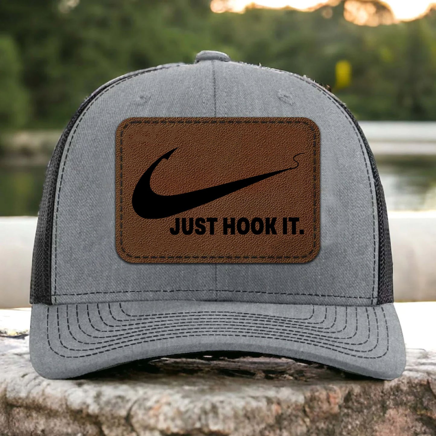 Just Hook It Fishing Trucker Leather Patch Hat, Funny Fisherman Cap, Father’s Day Gift, Birthday Gift for Him, Husband 683834