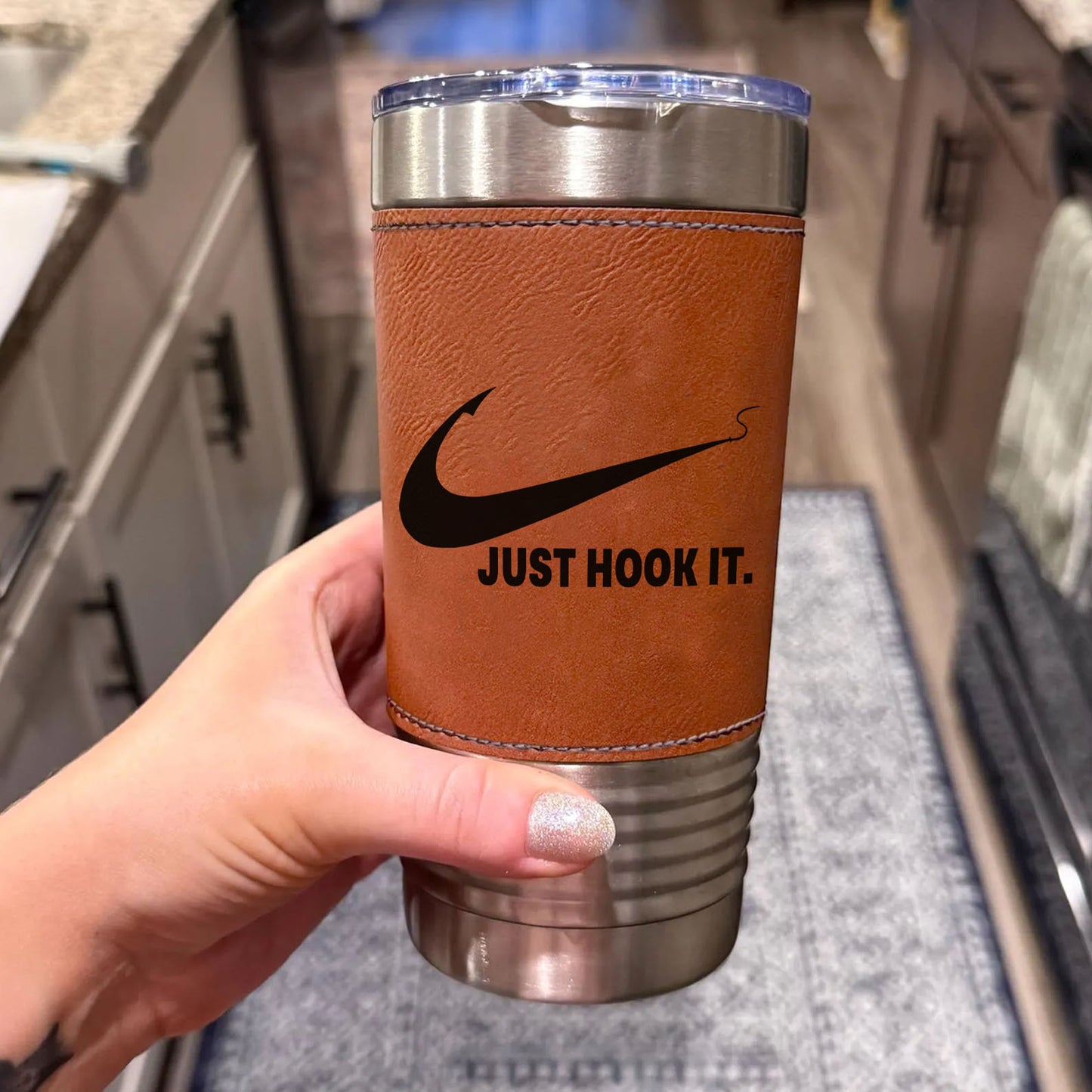 Just Hook It Fishing Leather Tumbler, Funny Fisherman Gift Leather Tumbler, Father’s Day Gift, Gift for Him, Dad, Husband 683834