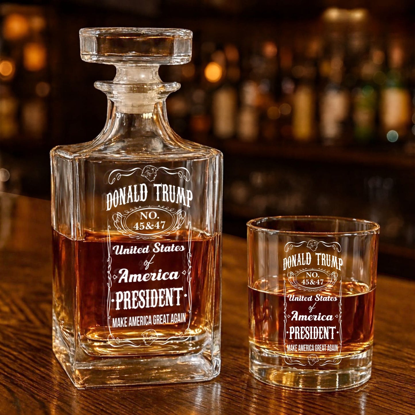 Donald Trump Whiskey Bottle, Trump 45 47 Whiskey Decanter Set, MAGA Wine Glass for Whiskey Lovers 684029 – GOP