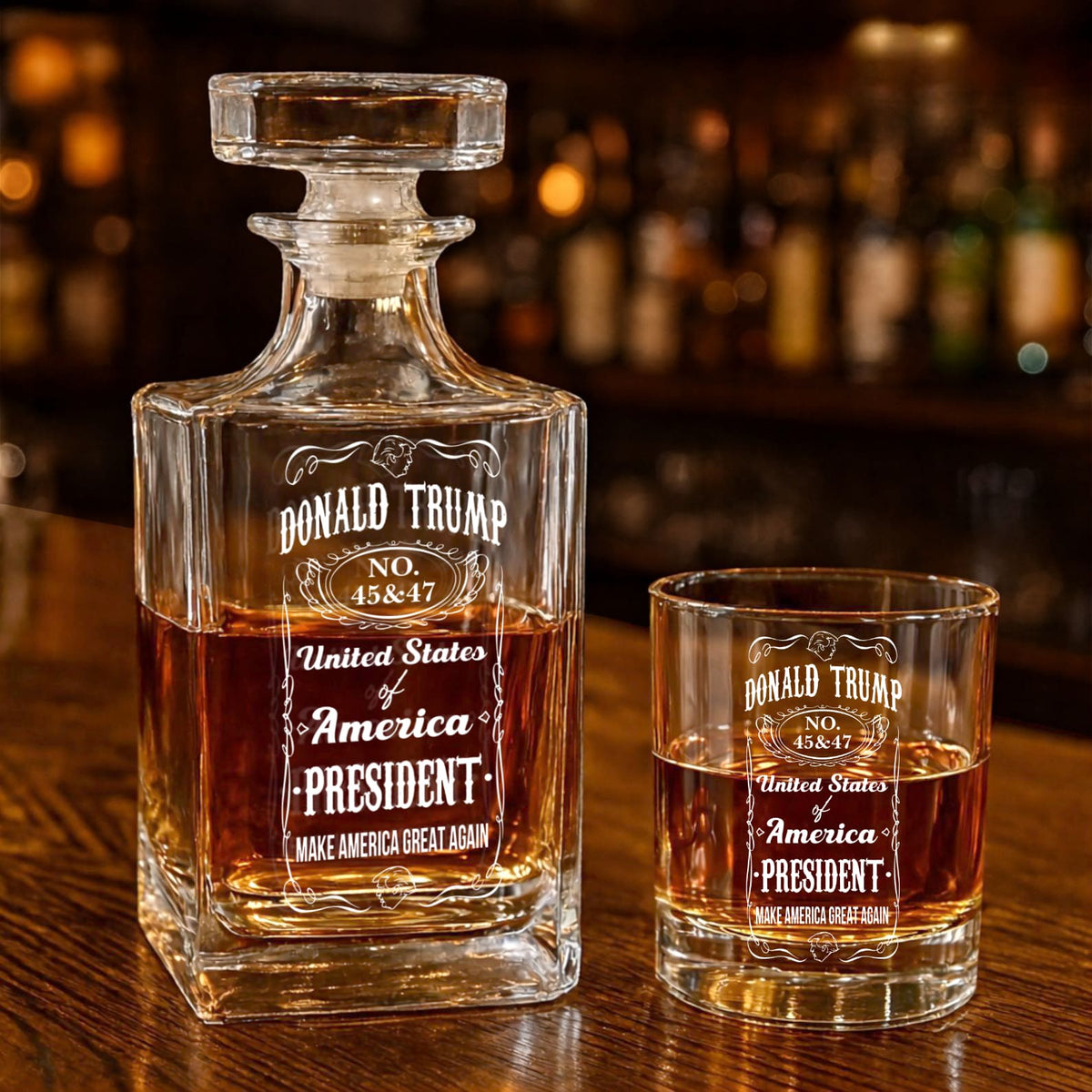 Donald Trump Whiskey Bottle, Trump 45 47 Whiskey Decanter Set, MAGA Wine Glass for Whiskey Lovers 684029 – GOP
