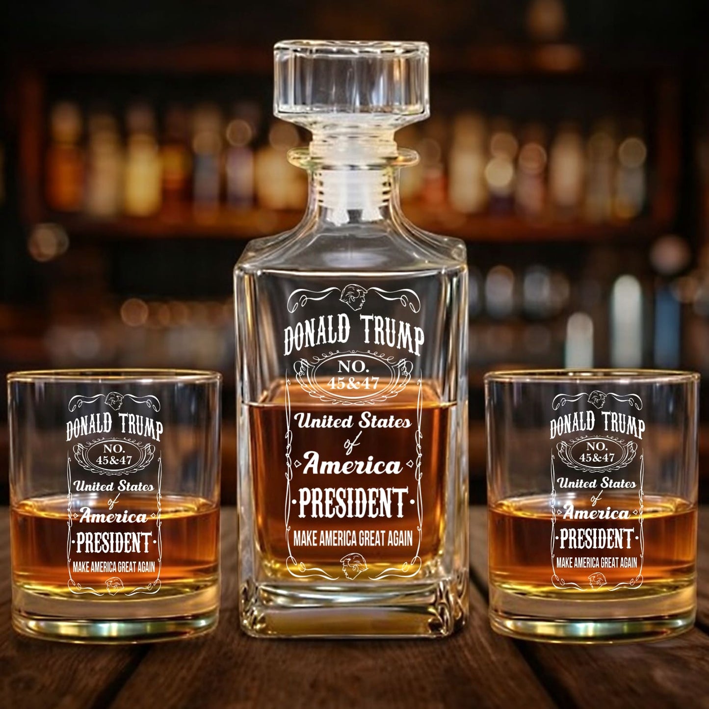 Donald Trump Whiskey Bottle, Trump 45 47 Whiskey Decanter Set, MAGA Wine Glass for Whiskey Lovers 684029 – GOP
