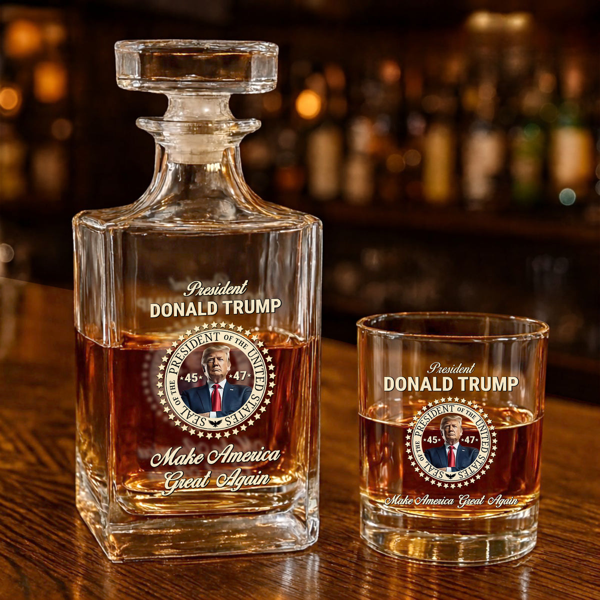 Donald Trump Whiskey Bottle, Trump 45 47 Whiskey Decanter Set, MAGA Wine Glass for Whiskey Lovers 684034 – GOP