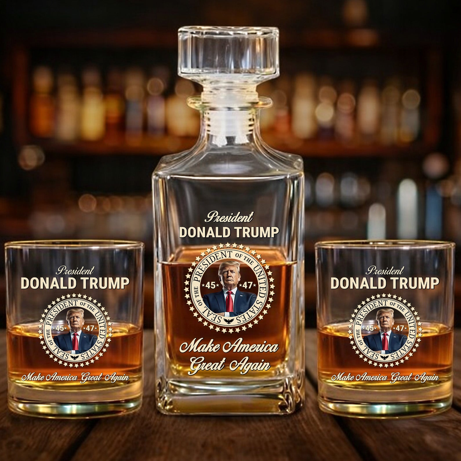 Donald Trump Whiskey Bottle, Trump 45 47 Whiskey Decanter Set, MAGA Wine Glass for Whiskey Lovers 684034 – GOP