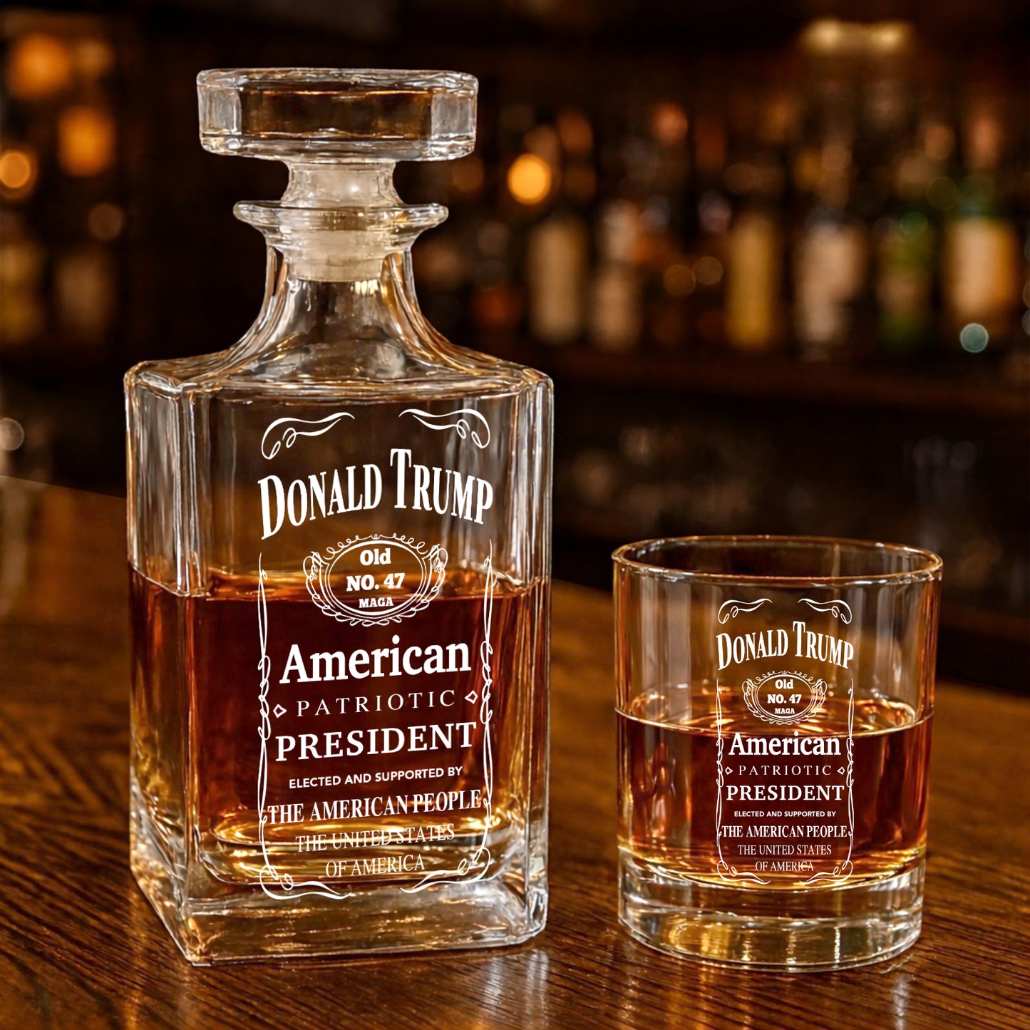 Donald Trump American Patriotic Whiskey Bottle, Trump 47 Whiskey Decanter Set, MAGA Wine Glass for Whiskey Lovers 684030 – GOP