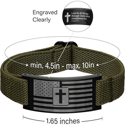 Custom American Flag Cross Bible Verse Nylon Bracelet for Men | Personalized Nylon Wristband | Stocking Stuffer for Men 684039