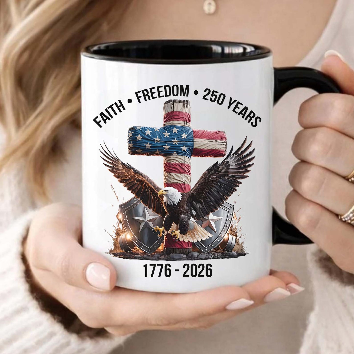 250 Years of Freedom Mug, 1776-2026 Eagle Patriotic Coffee Mug, Patriotic Christian Eagle Cross White Mug 684061