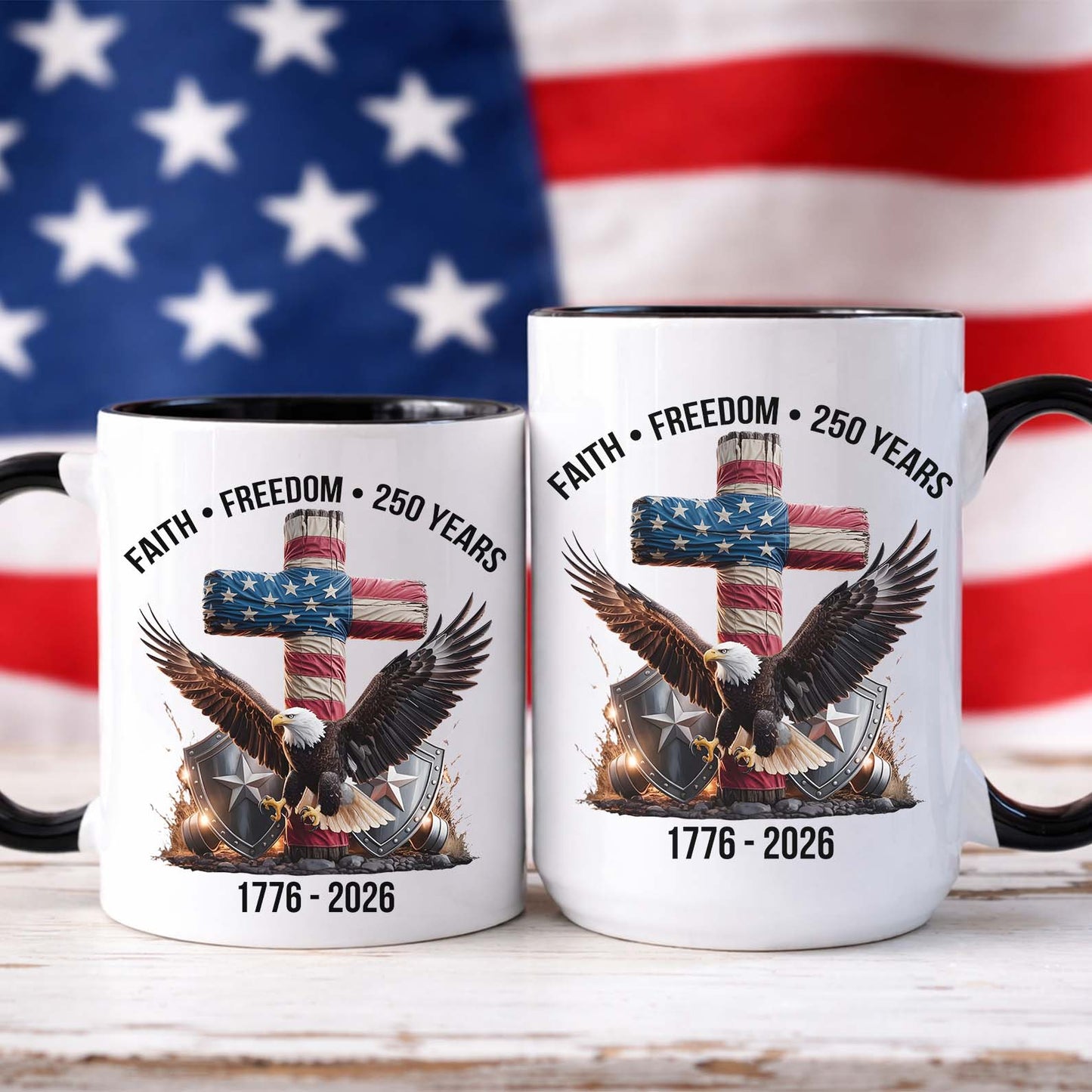250 Years of Freedom Mug, 1776-2026 Eagle Patriotic Coffee Mug, Patriotic Christian Eagle Cross White Mug 684061