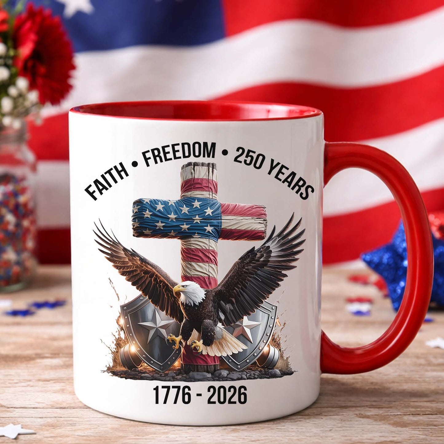 250 Years of Freedom Mug, 1776-2026 Eagle Patriotic Coffee Mug, Patriotic Christian Eagle Cross White Mug 684061