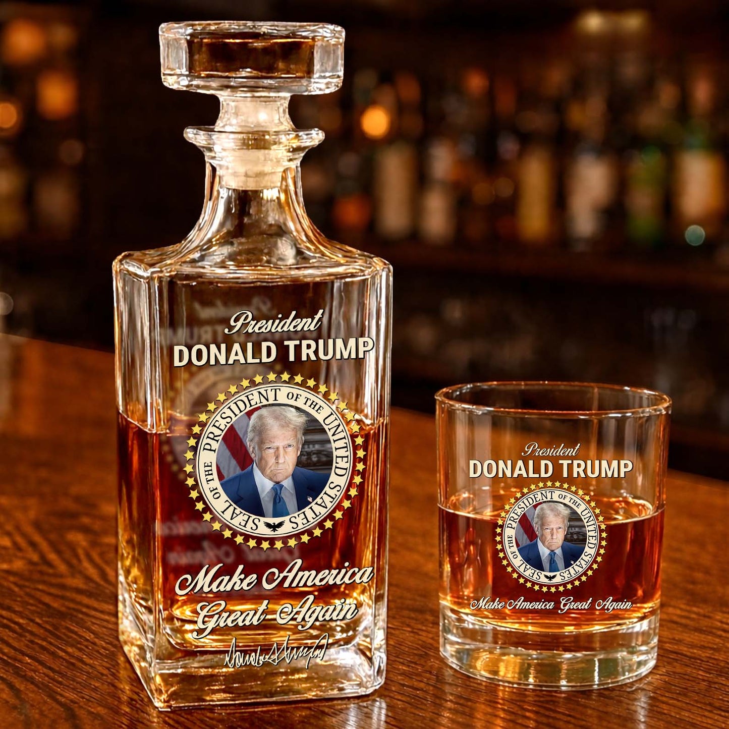 Donald Trump Whiskey Bottle, Trump 45 47 Whiskey Decanter Set, MAGA Wine Glass for Whiskey Lovers 684088 – GOP