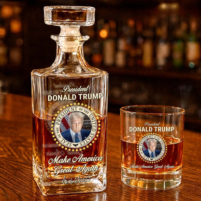 Donald Trump Whiskey Bottle, Trump 45 47 Whiskey Decanter Set, MAGA Wine Glass for Whiskey Lovers 684088 – GOP