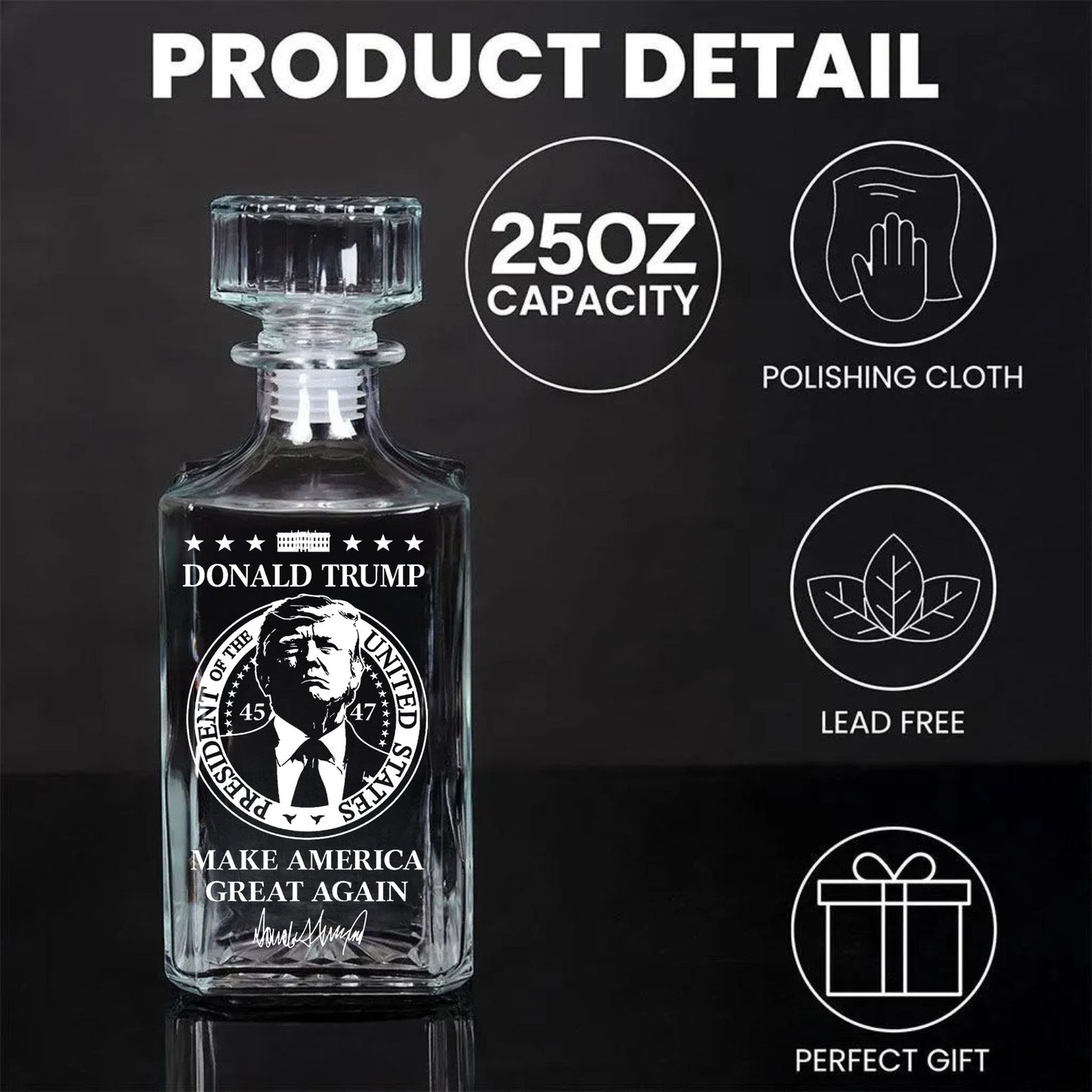 Donald Trump Whiskey Bottle, Trump 45 47 Whiskey Decanter Set, MAGA Wine Glass for Whiskey Lovers 684090 – GOP